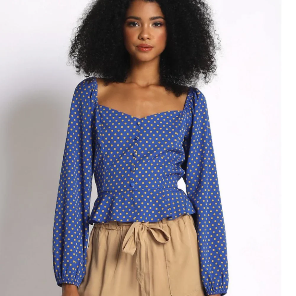Blue Polka Dot Sweetheart Neck Peplum Long Sleeve Top - Size Large - Picture 1 of 10